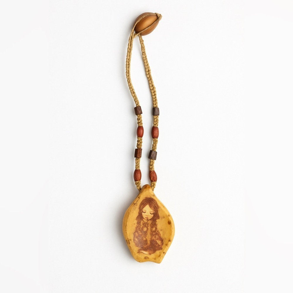 Vintage Boho Folk Art Seed Pod Pendant Necklace Macramé Beaded Cord